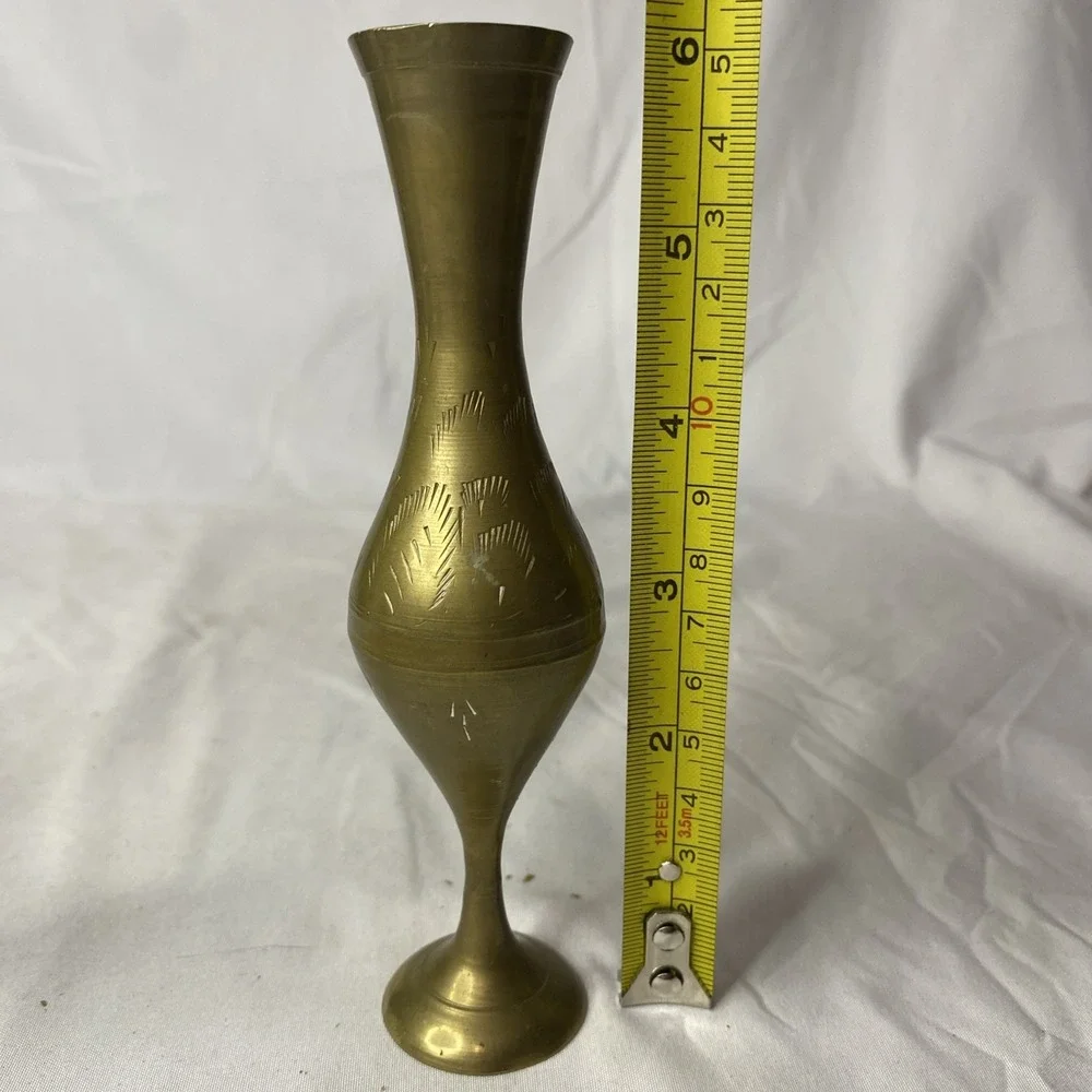 Vintage Brass Etched Vase  India Floral Art Deco 6 Inches